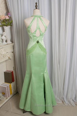 Vintage Light Green Mermaid Halter Satin Beaded Long Semi Formal Prom Dress