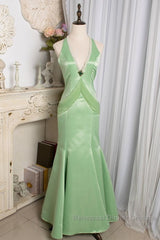 Vintage Light Green Mermaid Halter Satin Beaded Long Semi Formal Prom Dress