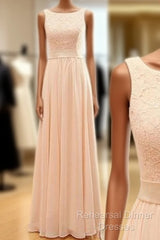 Vintage Long Column  Lace Top Bateau Neck Sleeveless Blush Pink Zipper Back Maxi Bridesmaid Dresses,