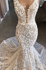 Vintage Long Mermaid V-neck Lace Backless Wedding Dress