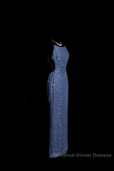 Vintage Mermaid Boat Neck Blue Sequin Backless Semi Formal Prom Gown Fairy Semi Formal Prom Dresses