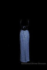 Vintage Mermaid Boat Neck Blue Sequin Backless Semi Formal Prom Gown Fairy Semi Formal Prom Dresses