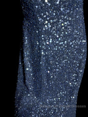 Vintage Mermaid Boat Neck Blue Sequin Backless Semi Formal Prom Gown Fairy Semi Formal Prom Dresses