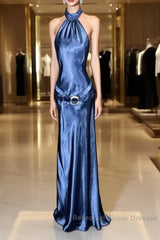 Vintage Mermaid Halter Neck Blue Satin Backless Semi Formal Prom Gown Fairy Semi Formal Prom Dresses