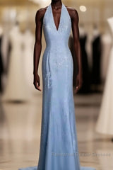 Vintage Mermaid Halter Neck Blue Sequin Semi Formal Prom Gown Fairy Semi Formal Prom Dresses