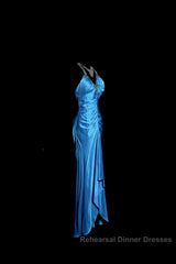 Vintage Mermaid Halter Neck Royal Blue Satin Backless Semi Formal Prom Gown Fairy Semi Formal Prom Dresses