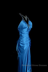 Vintage Mermaid Halter Neck Royal Blue Satin Backless Semi Formal Prom Gown Fairy Semi Formal Prom Dresses