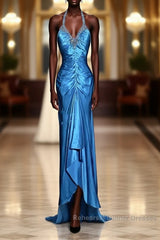 Vintage Mermaid Halter Neck Royal Blue Satin Backless Semi Formal Prom Gown Fairy Semi Formal Prom Dresses
