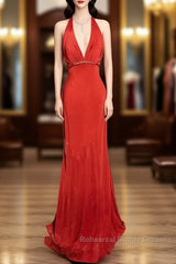 Vintage Mermaid Halter Satin Red Semi Formal Prom Gown Fairy Semi Formal Prom Dresses