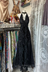 Vintage Mermaid Halter Sleeveless Long Black Lace Evening Dress Semi Formal Prom Dresses