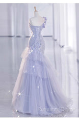 Vintage Mermaid One Shoulder Lilac Tulle Satin Long Semi Formal Prom Dresses Party Dress