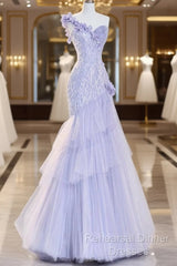 Vintage Mermaid One Shoulder Lilac Tulle Satin Long Semi Formal Prom Dresses Party Dress