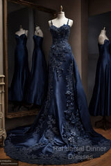 Vintage Mermaid Spaghetti Straps Navy Blue Satin Long Semi Formal Prom Dresses Party Dress