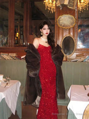 Vintage Mermaid Spaghetti Straps Red Sequin Birthday Dress Prom Dresses