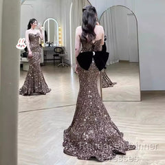 Vintage Mermaid Strapless Party Dresses Long Sequin Semi Formal Prom Dresses