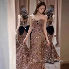 Vintage Mermaid Strapless Party Dresses Long Sequin Semi Formal Prom Dresses
