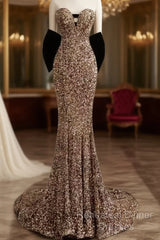 Vintage Mermaid Strapless Party Dresses Long Sequin Semi Formal Prom Dresses