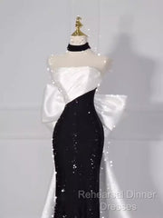 Vintage Mermaid Strapless Sequin Black Long Semi Formal Prom Dress Formal Dresses