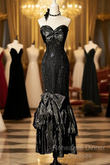 Vintage Mermaid Sweetheart Black Sequin Long Semi Formal Prom Gown Fairy Semi Formal Prom Dresses