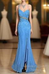 Vintage Mermaid Sweetheart Blue Chiffon Long Semi Formal Prom Gown Fairy Semi Formal Prom Dresses