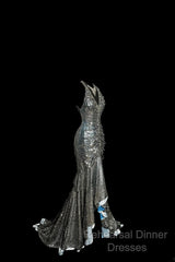 Vintage Mermaid V Neckline Gray Sequin Long Semi Formal Prom Gown Fairy Semi Formal Prom Dresses