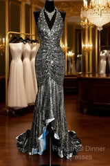 Vintage Mermaid V Neckline Gray Sequin Long Semi Formal Prom Gown Fairy Semi Formal Prom Dresses