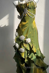 Vintage Sheath Irregular Ruffled Spaghetti Straps WomenS Green Birthday Party Dress