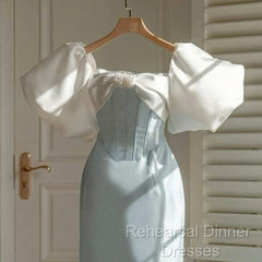 Vintage Sheath Light Sky Blue Satin Semi Formal Prom Dresses Evening Dress