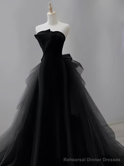 Vintage Sheath Strapless Satin Black Tulle Long Prom Dress Formal Dresses