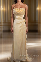 Vintage Yellow Halter Neck Floral Semi Formal Prom Gown Fairy Princess Semi Formal Prom Dress