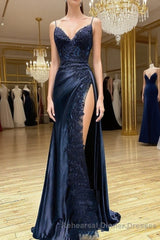 Dark Blue V Neck Satin Lace Long Semi Formal Prom Dress, Dark Blue Lace Long Evening Dress