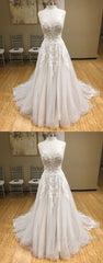 Wh V Neck Tulle Long Semi Formal Prom Dress, Lace Evening Dress, White Lace Wedding Dress