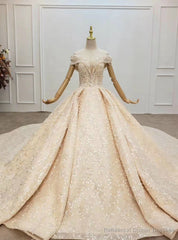 Whether You Are Looking For Luxury Champagne Ball Gown Tulle Sequins Appliques Off the Shoulder Wedding Dress