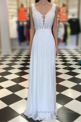 White A-line chiffon lace long Semi Formal Prom Dresses, white bridesmaid Dresses