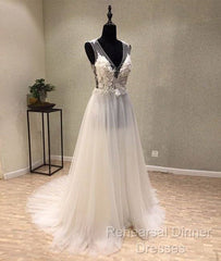 White A-Line Tulle Lace Long Semi Formal Prom Dress, White Wedding Dress