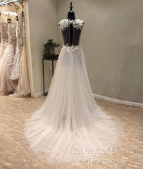 White A-Line Tulle Lace Long Semi Formal Prom Dress, White Wedding Dress