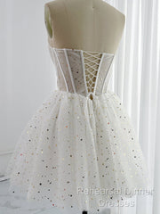 White A-Line Tulle Star Short Semi Formal Prom Dress, White Cute Homecoming Dress