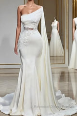 White Asymmetric One Shoulder Mermaid Stretch Satin Evening Semi Formal Prom Dresses