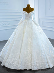 White Ball Gown Sequins Off the Shoulder Long Sleeve Beading Wedding Dress