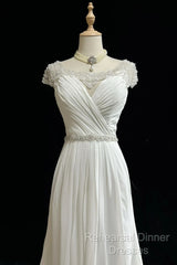 White Elegant A-Line Chiffon V-Neck Long Semi Formal Prom Dress With Beading Simple Wedding Dress