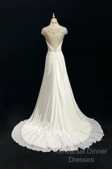 White Elegant A-Line Chiffon V-Neck Long Semi Formal Prom Dress With Beading Simple Wedding Dress