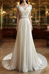 White Elegant A-Line Chiffon V-Neck Long Semi Formal Prom Dress With Beading Simple Wedding Dress