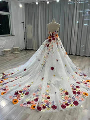 White Floral Sweetheart Long Sleeves Ball Gown Semi Formal Prom Dress