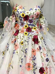 White Floral Sweetheart Long Sleeves Ball Gown Semi Formal Prom Dress