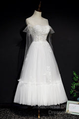 White Lace A-Line Tea Length Semi Formal Prom Dress