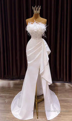 White Semi Formal Prom Dresses, Vintage Mermaid Long Slit White Wedding Dresses
