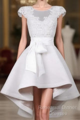 White Round Neck Lace Short Semi Formal Prom Dress, Lace Dress