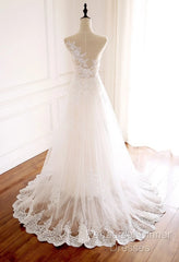 White Round Neck Tulle Lace Long Semi Formal Prom Dress White Tulle Wedding Dress