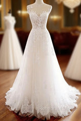 White Round Neck Tulle Lace Long Semi Formal Prom Dress White Tulle Wedding Dress