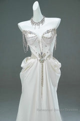 White Satin A-Line Sweetheart Beaded Long Semi Formal Prom Dress, Elegant Adult Ceremony Graduation Semi Formal Prom Dress